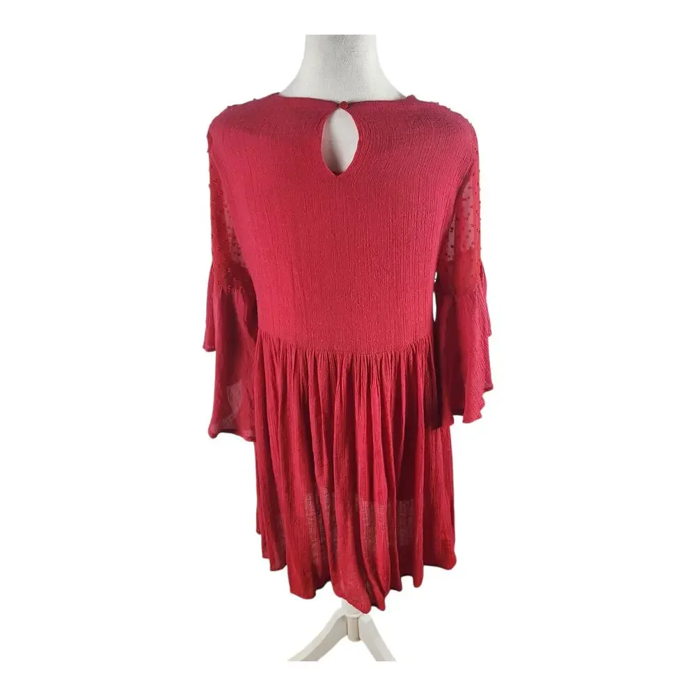 Umgee Red  Embroidered Floral Bell Sleeves Babydoll Dress Women's Small